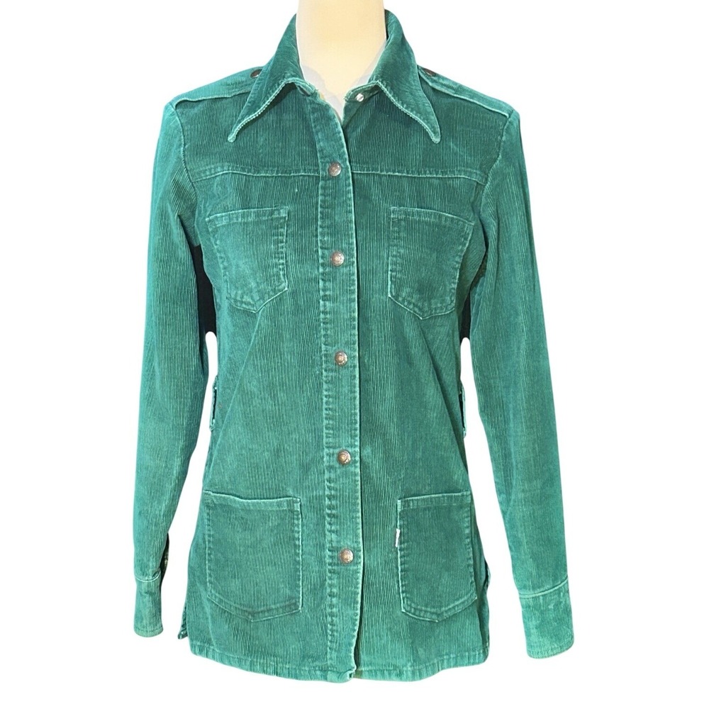 Vintage 1970s Levi's Green Corduroy Shirt Women's Made in USA RARE White Tab E S